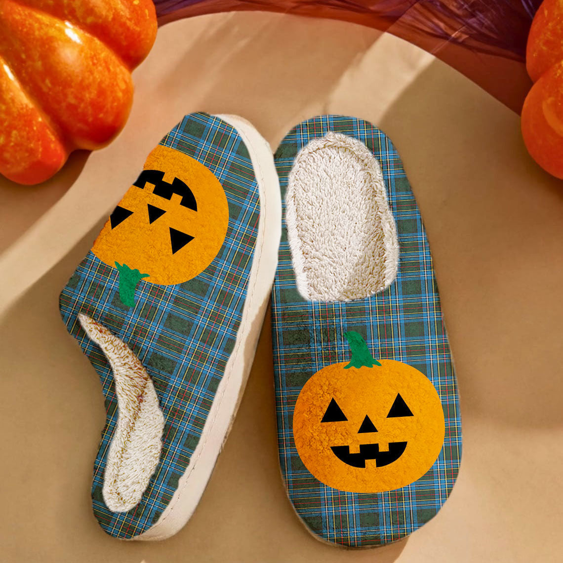 Clan Cockburn Modern Tartan Halloween Pumpkin Slippers, Fluffy Spooky Slippers XN89 Cockburn Modern Tartan Tartan Halloween   