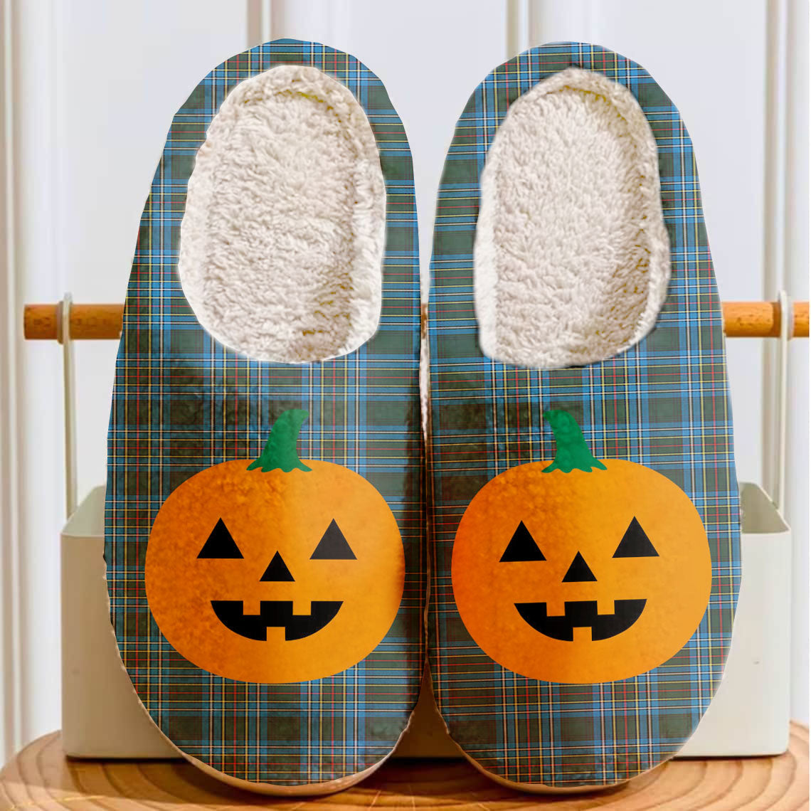 Clan Cockburn Modern Tartan Halloween Pumpkin Slippers, Fluffy Spooky Slippers XN89 Cockburn Modern Tartan Tartan Halloween   