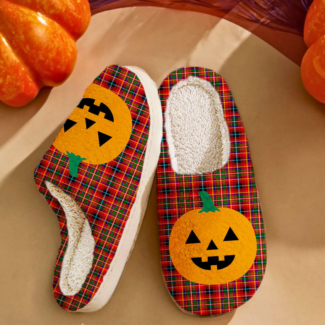 Clan Innes Modern Tartan Halloween Pumpkin Slippers, Fluffy Spooky Slippers JX25 Innes Modern Tartan Tartan Halloween   