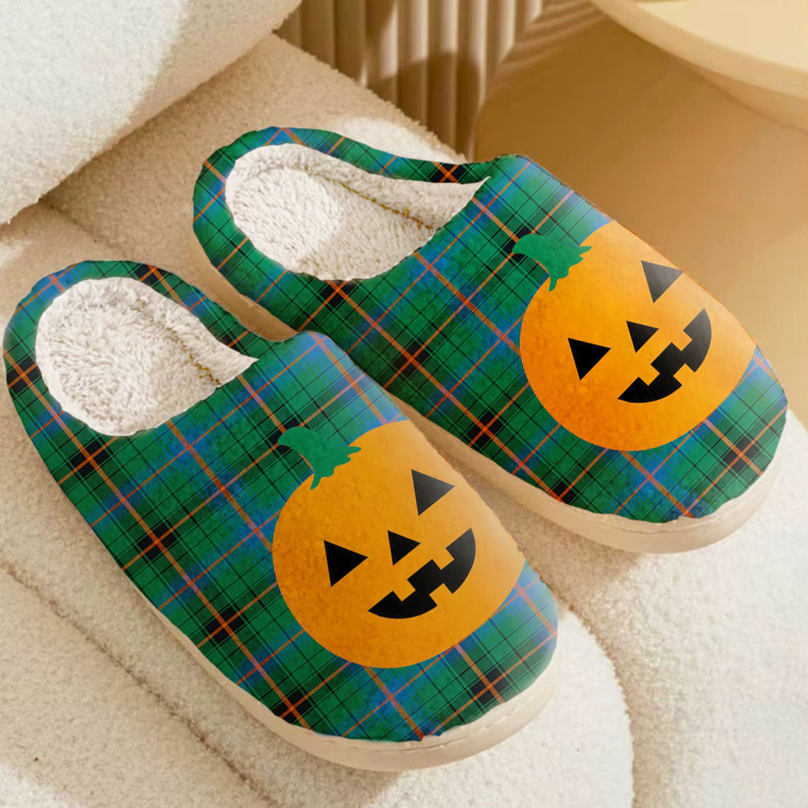 Clan Davidson Ancient Tartan Halloween Pumpkin Slippers, Fluffy Spooky Slippers WX55 Davidson Ancient Tartan Tartan Halloween   