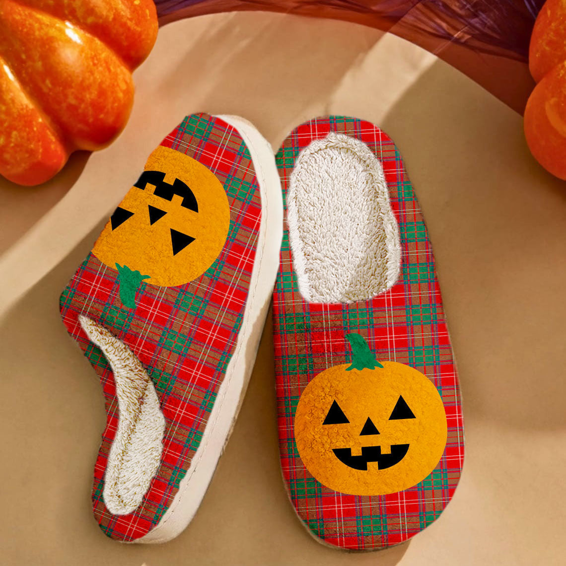 Clan Chisholm Modern Tartan Halloween Pumpkin Slippers, Fluffy Spooky Slippers RR80 Chisholm Modern Tartan Tartan Halloween   