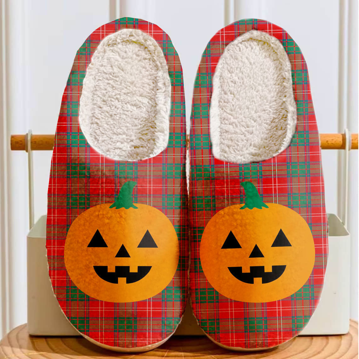 Clan Chisholm Modern Tartan Halloween Pumpkin Slippers, Fluffy Spooky Slippers RR80 Chisholm Modern Tartan Tartan Halloween   