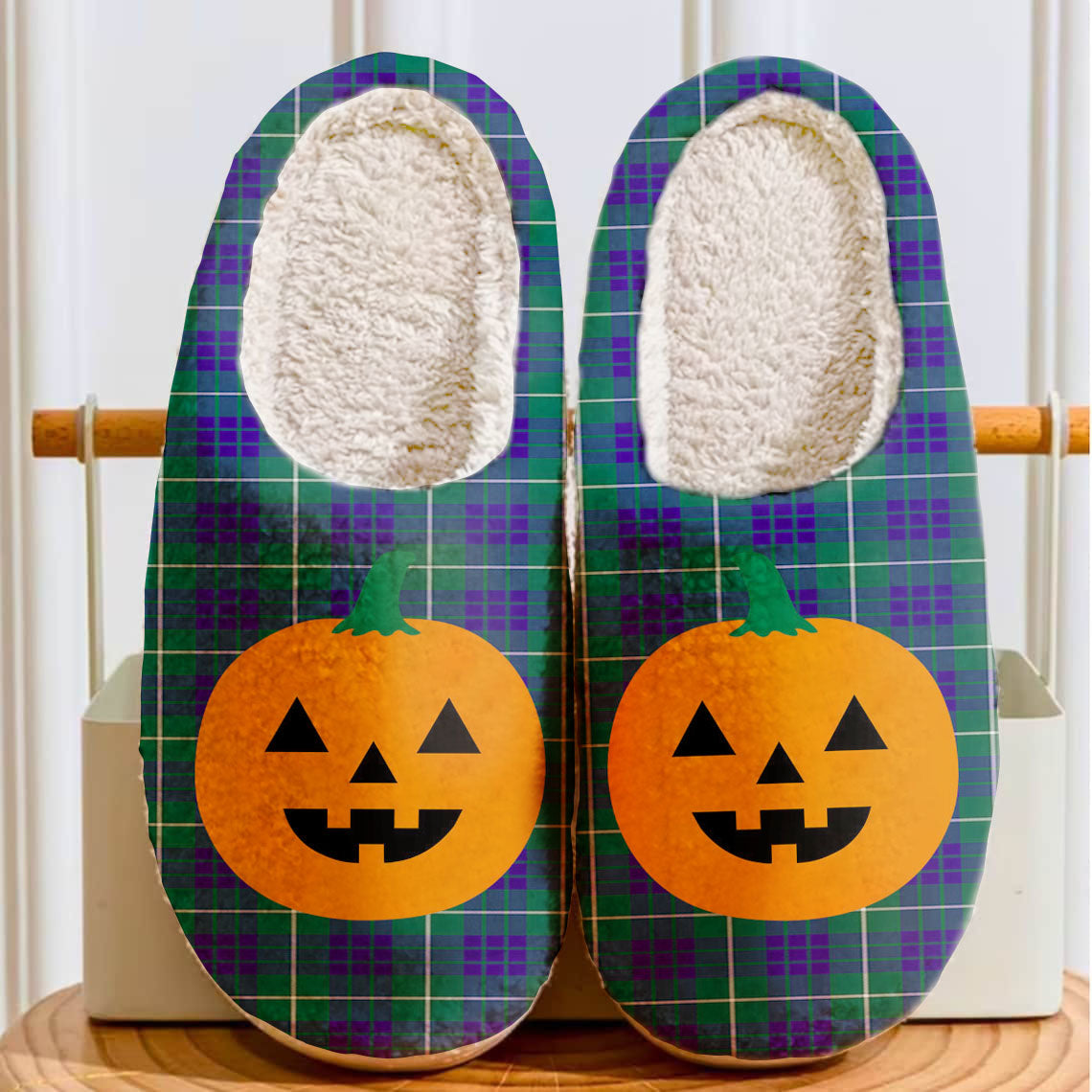 Clan Hamilton Hunting Modern Tartan Halloween Pumpkin Slippers, Fluffy Spooky Slippers DZ29 Hamilton Hunting Modern Tartan Tartan Halloween   