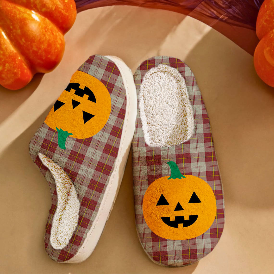 Clan Cunningham Burgundy Dancers Tartan Halloween Pumpkin Slippers, Fluffy Spooky Slippers GH75 Cunningham Burgundy Dancers Tartan Tartan Halloween   