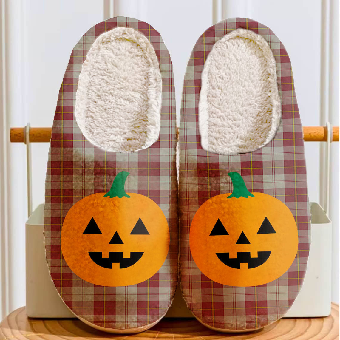 Clan Cunningham Burgundy Dancers Tartan Halloween Pumpkin Slippers, Fluffy Spooky Slippers GH75 Cunningham Burgundy Dancers Tartan Tartan Halloween   