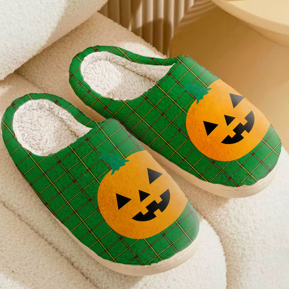 Clan Don (Tribe-of-Mar) Tartan Halloween Pumpkin Slippers, Fluffy Spooky Slippers YR64 Don (Tribe-of-Mar) Tartan Tartan Halloween   