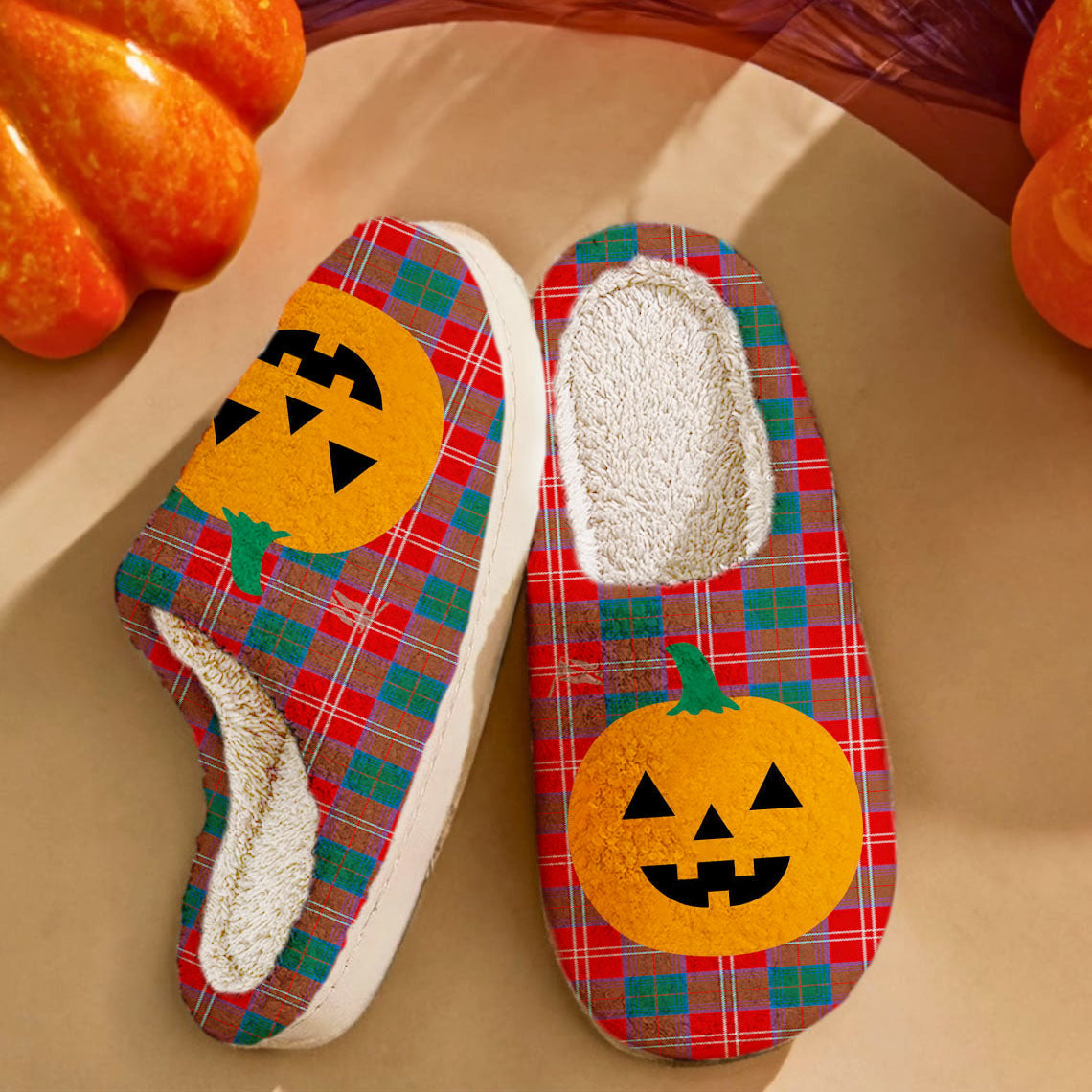 Clan Chisholm Ancient Tartan Halloween Pumpkin Slippers, Fluffy Spooky Slippers AC58 Chisholm Ancient Tartan Tartan Halloween   