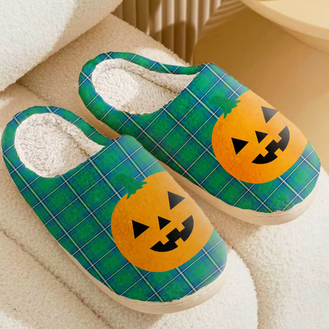 Clan Irvine Ancient Tartan Halloween Pumpkin Slippers, Fluffy Spooky Slippers PO40 Irvine Ancient Tartan Tartan Halloween   