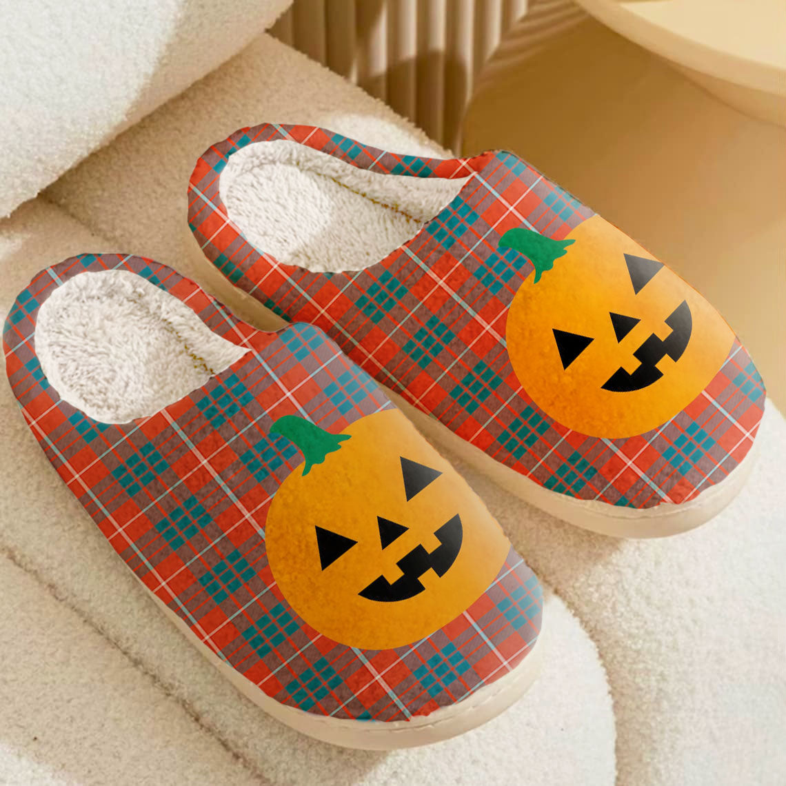 Clan Hamilton Ancient Tartan Halloween Pumpkin Slippers, Fluffy Spooky Slippers EZ78 Hamilton Ancient Tartan Tartan Halloween   