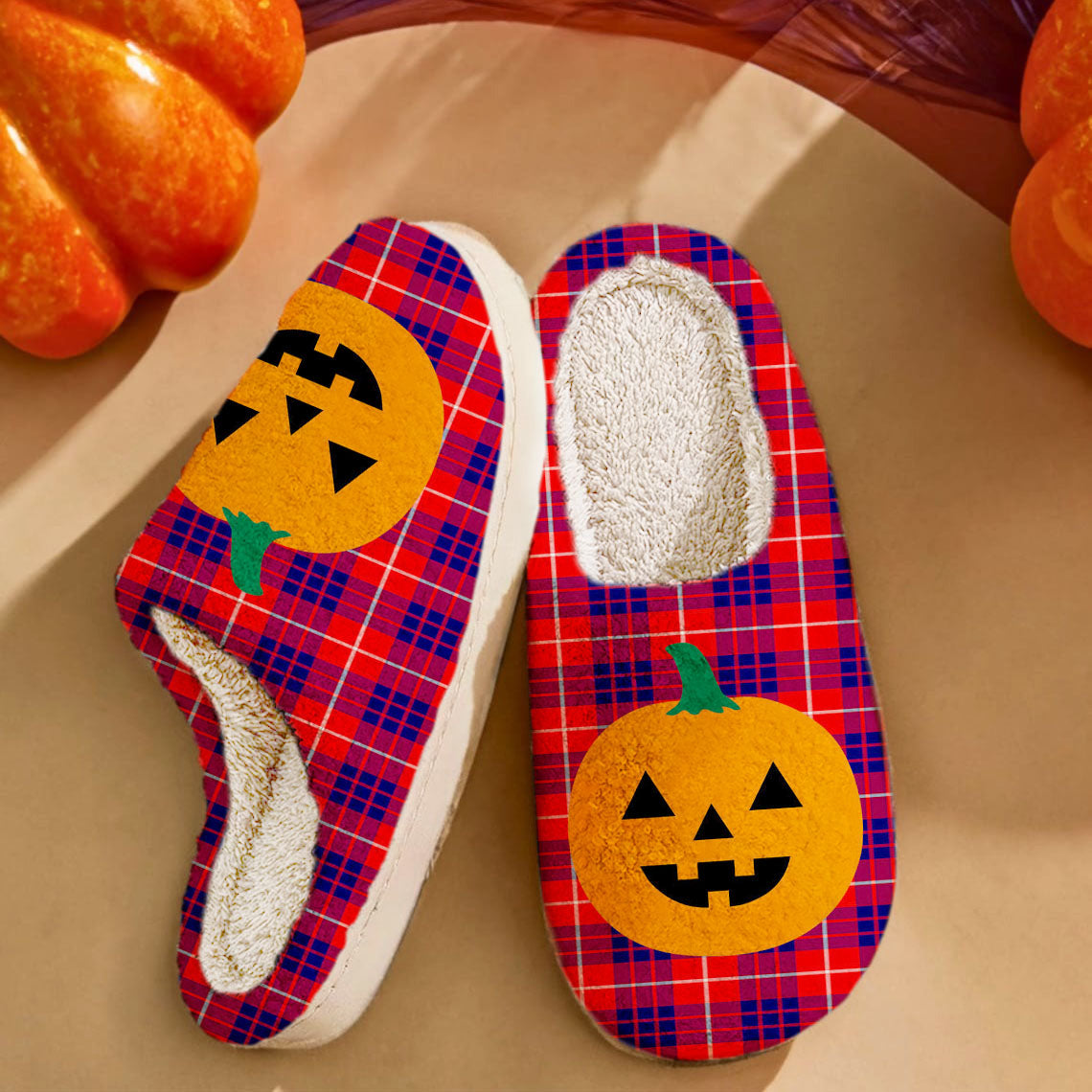 Clan Hamilton Modern Tartan Halloween Pumpkin Slippers, Fluffy Spooky Slippers CX53 Hamilton Modern Tartan Tartan Halloween   