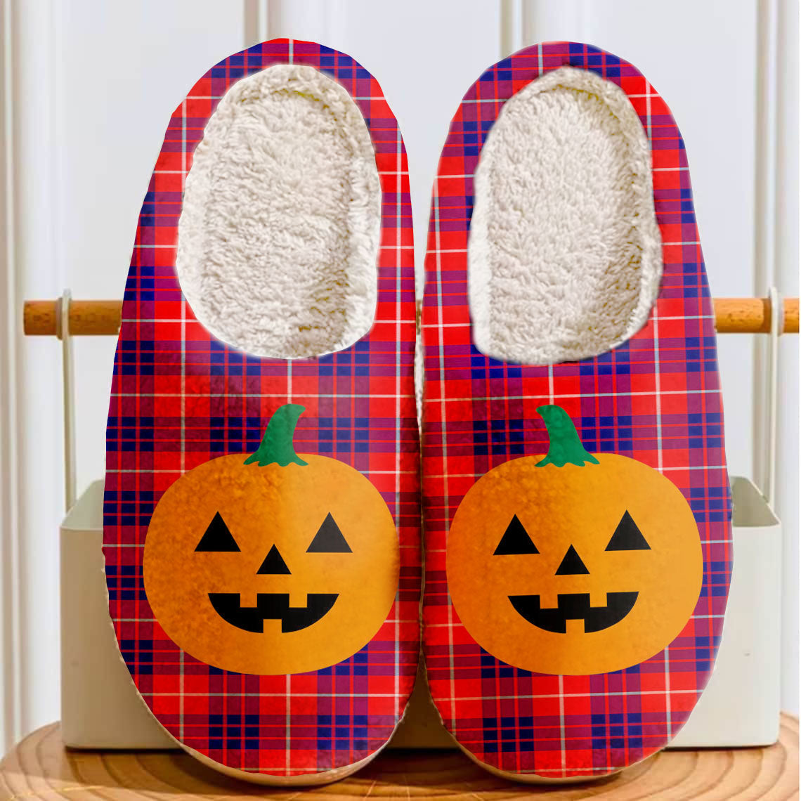 Clan Hamilton Modern Tartan Halloween Pumpkin Slippers, Fluffy Spooky Slippers CX53 Hamilton Modern Tartan Tartan Halloween   