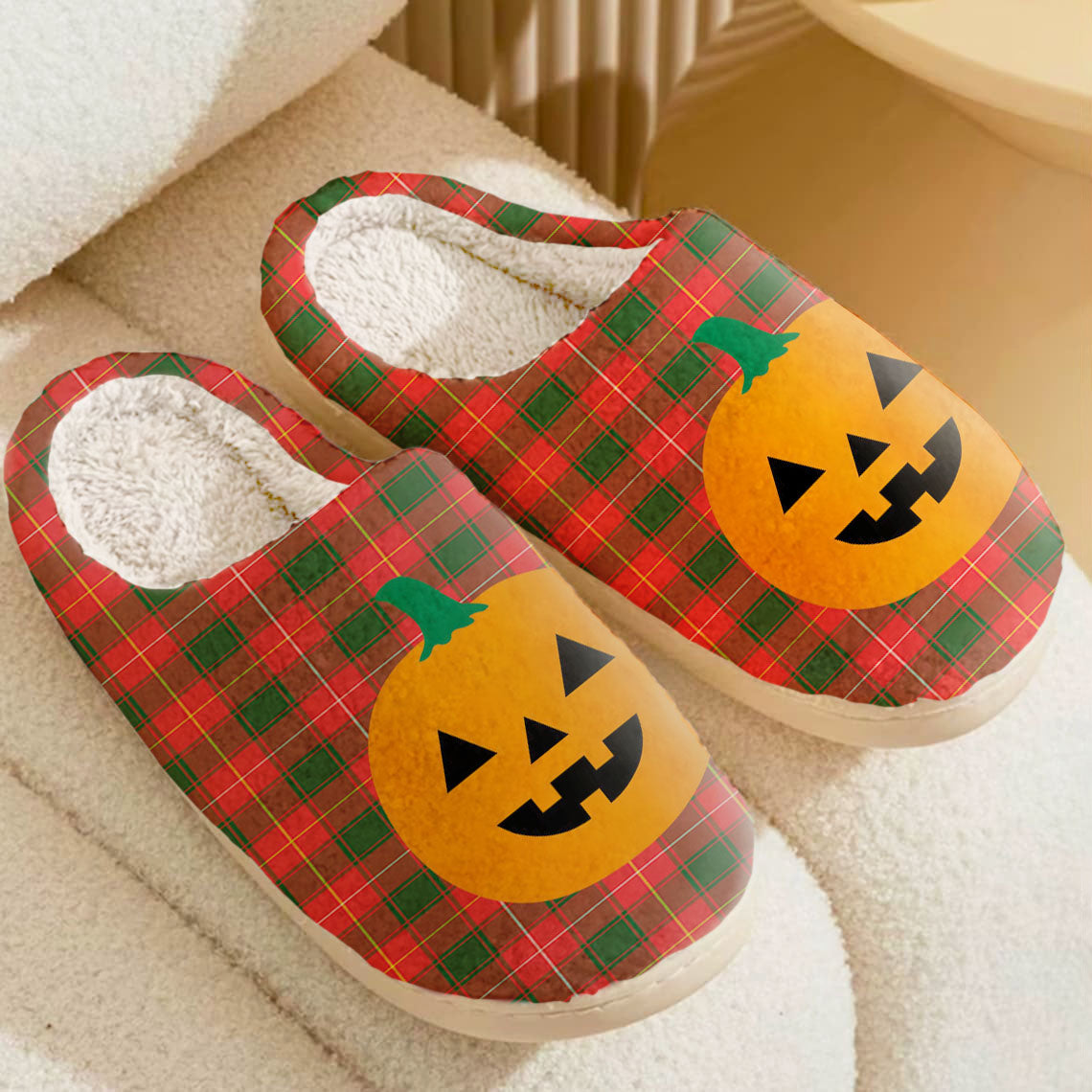 Clan MacFie Tartan Halloween Pumpkin Slippers, Fluffy Spooky Slippers RB68 MacFie Tartan Tartan Halloween   