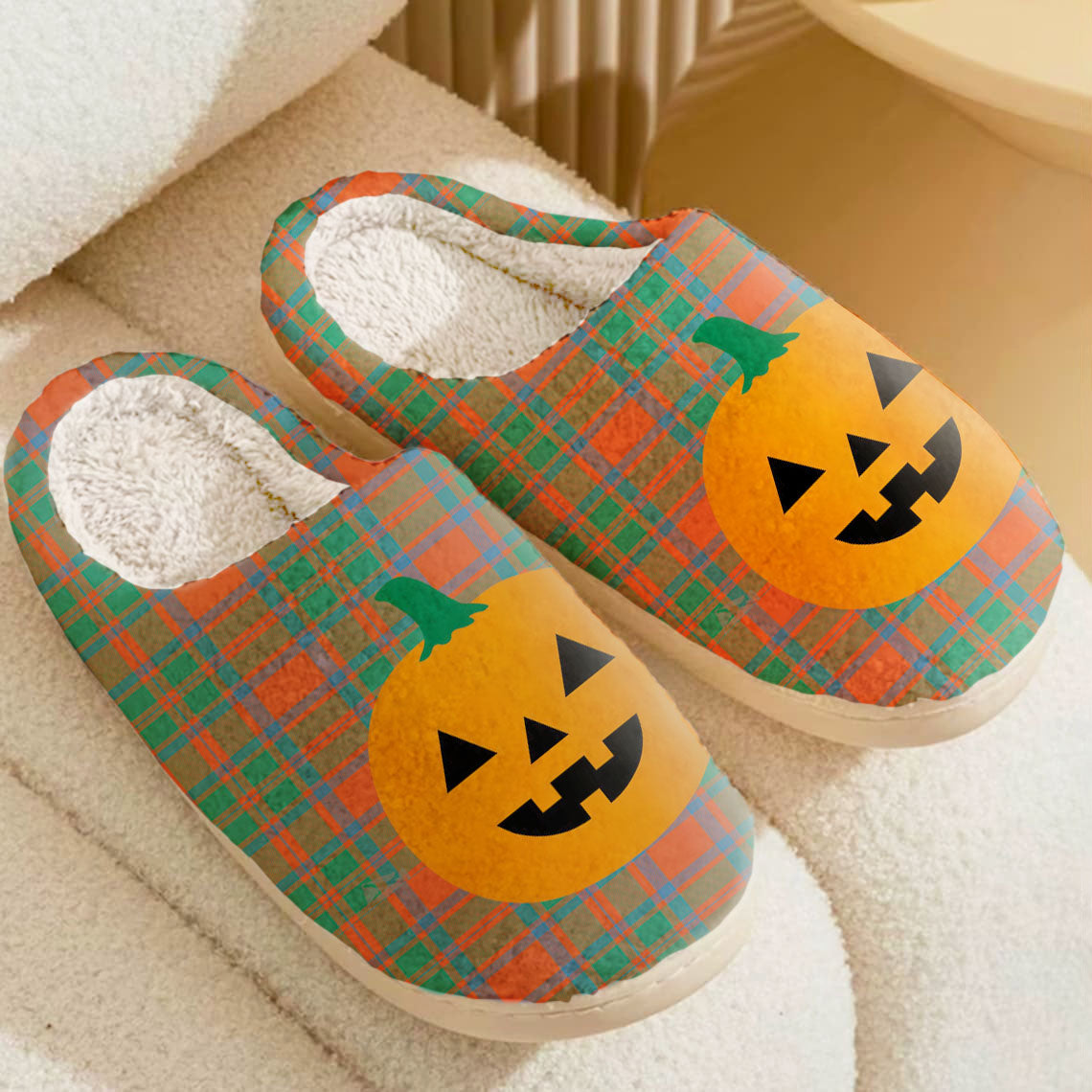 Clan MacKintosh Ancient Tartan Halloween Pumpkin Slippers, Fluffy Spooky Slippers UU60 MacKintosh Ancient Tartan Tartan Halloween   