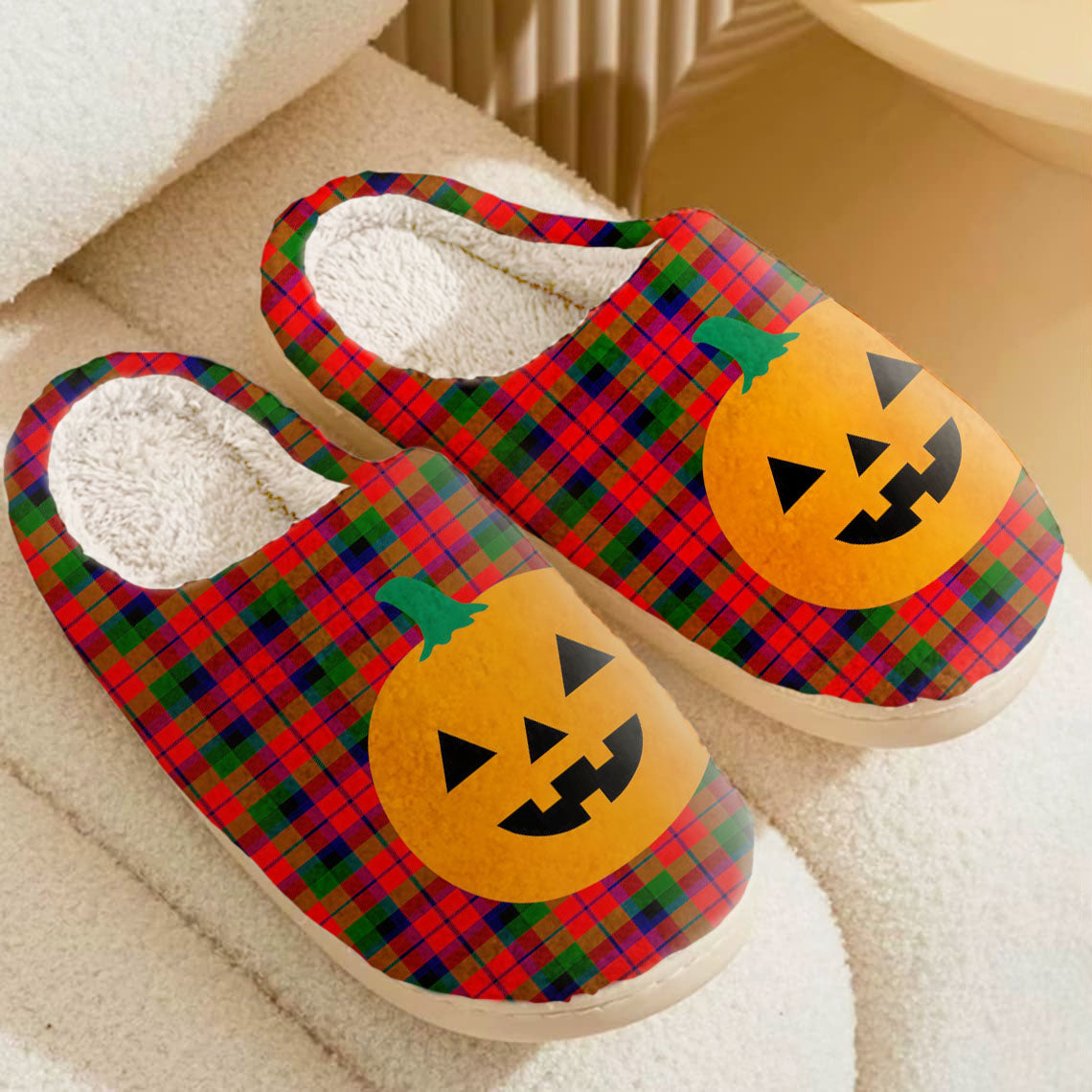 Clan MacNaughton Modern Tartan Halloween Pumpkin Slippers, Fluffy Spooky Slippers JU13 MacNaughton Modern Tartan Tartan Halloween   