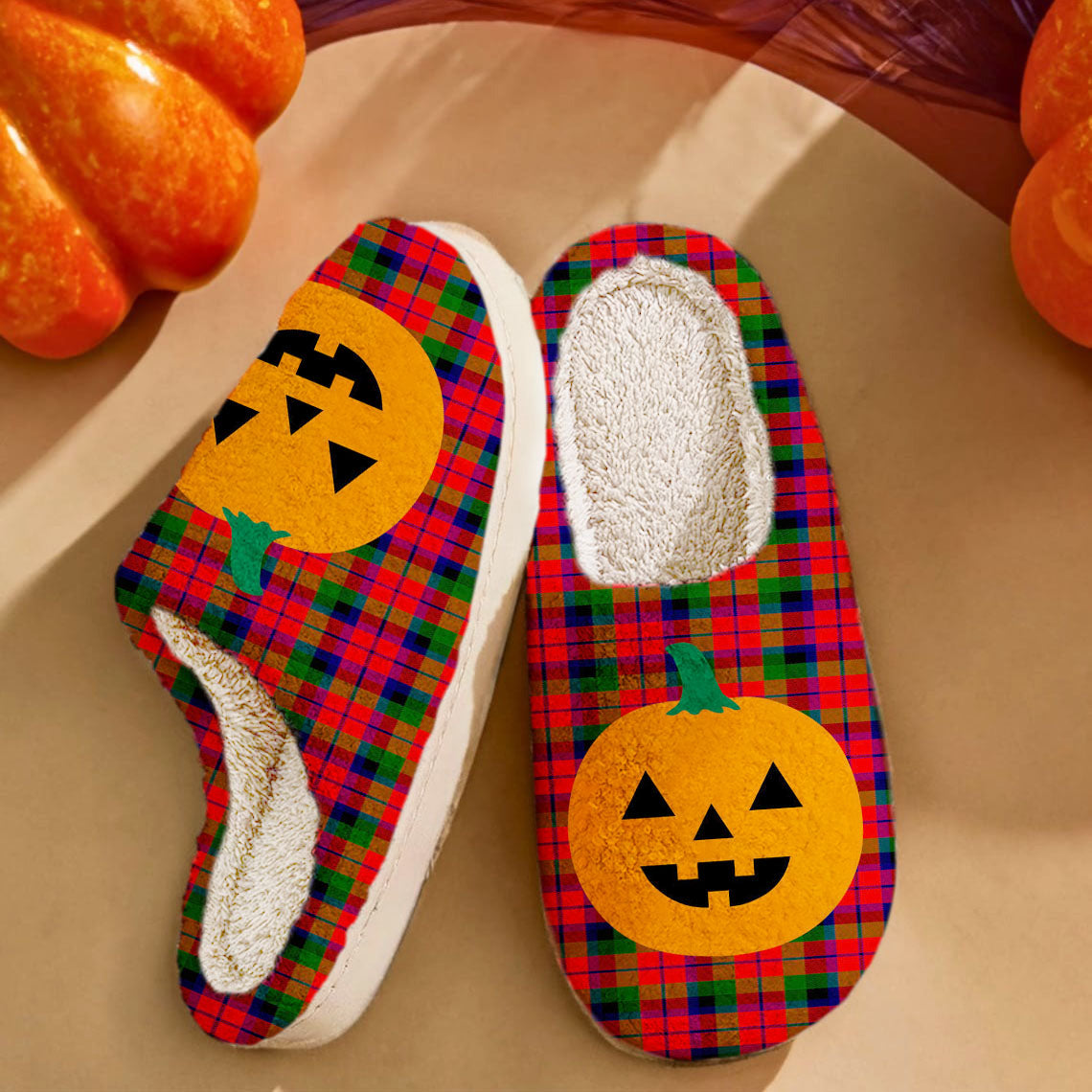 Clan MacNaughton Modern Tartan Halloween Pumpkin Slippers, Fluffy Spooky Slippers JU13 MacNaughton Modern Tartan Tartan Halloween   