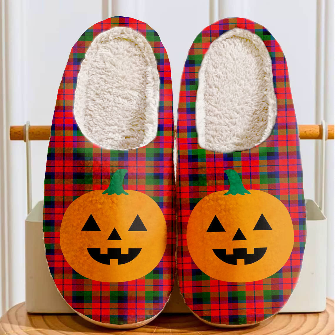 Clan MacNaughton Modern Tartan Halloween Pumpkin Slippers, Fluffy Spooky Slippers JU13 MacNaughton Modern Tartan Tartan Halloween   