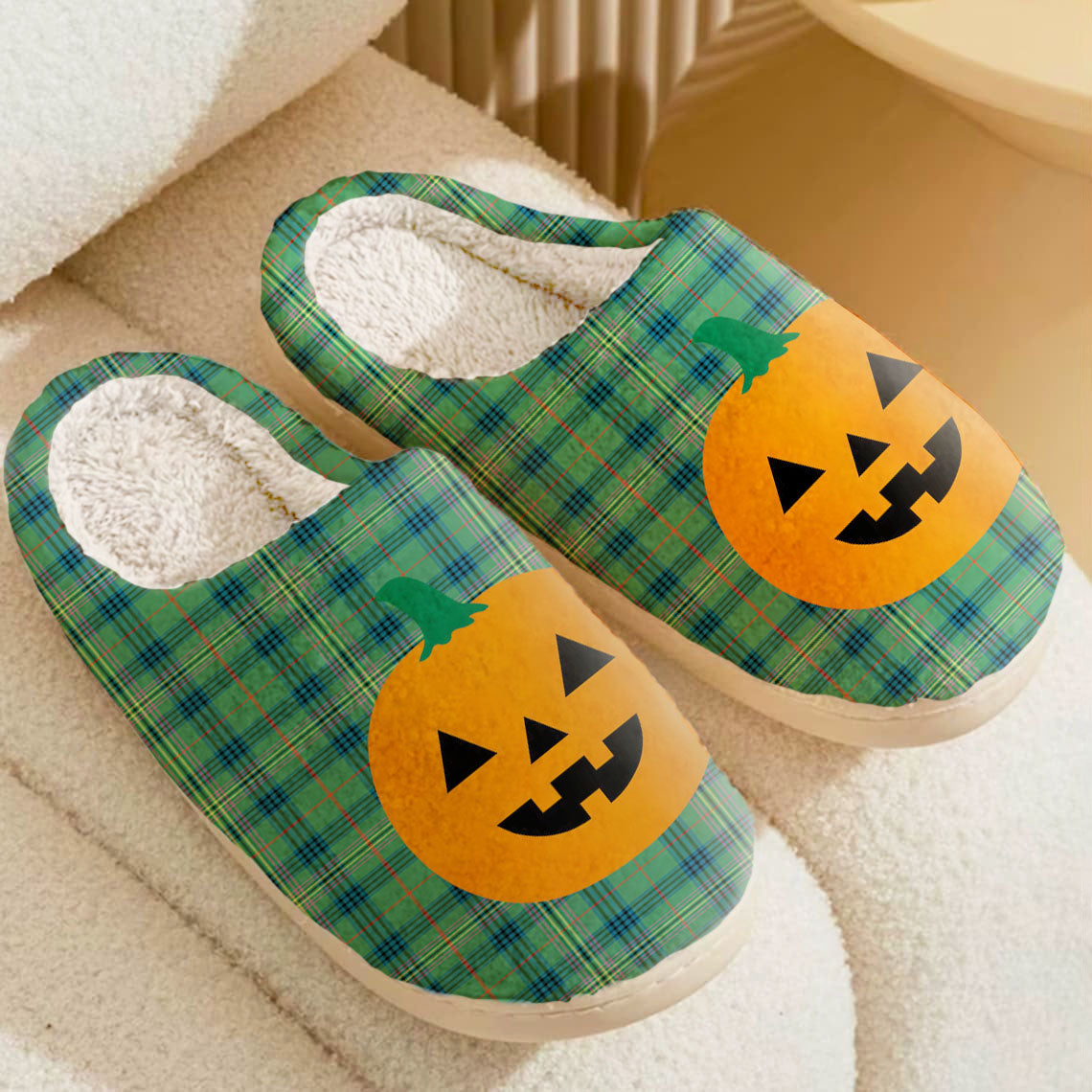 Clan Kennedy Ancient Tartan Halloween Pumpkin Slippers, Fluffy Spooky Slippers KZ91 Kennedy Ancient Tartan Tartan Halloween   