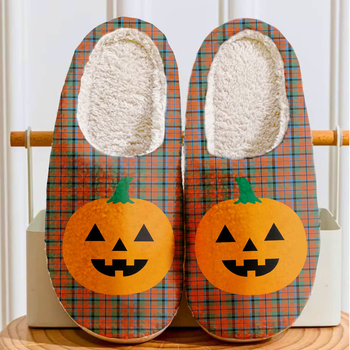 Clan MacNaughton Ancient Tartan Halloween Pumpkin Slippers, Fluffy Spooky Slippers CD87 MacNaughton Ancient Tartan Tartan Halloween   