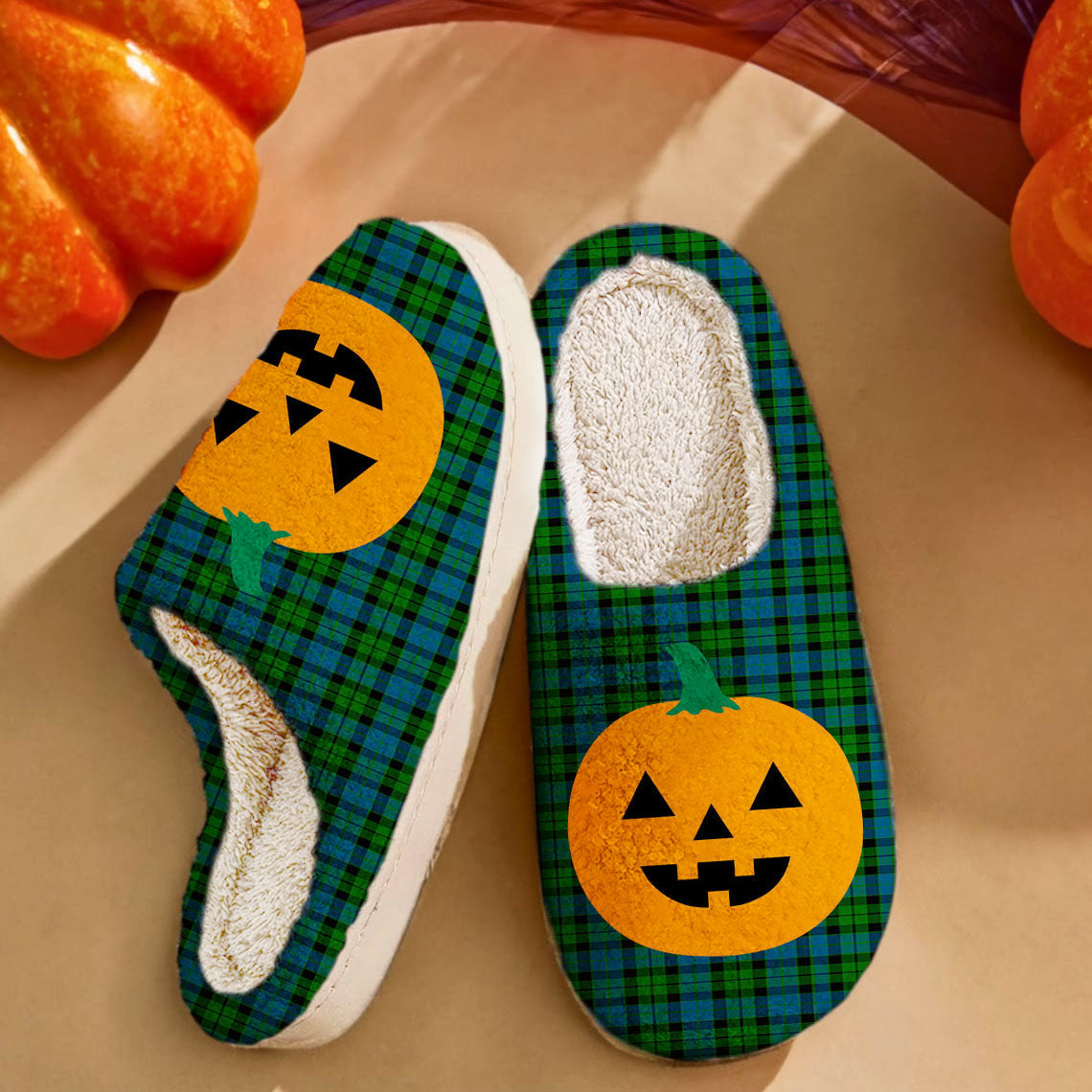 Clan MacKie Tartan Halloween Pumpkin Slippers, Fluffy Spooky Slippers DS83 MacKie Tartan Tartan Halloween   