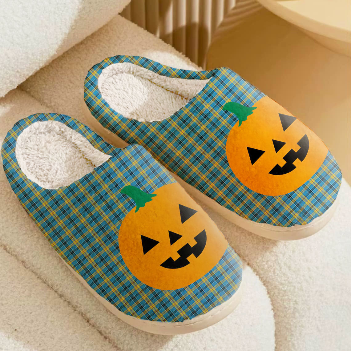 Clan Laing Tartan Halloween Pumpkin Slippers, Fluffy Spooky Slippers VQ67 Laing Tartan Tartan Halloween   