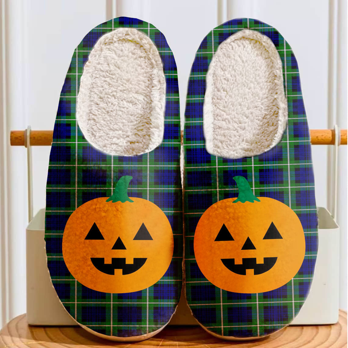 Clan Lamont Modern Tartan Halloween Pumpkin Slippers, Fluffy Spooky Slippers EB12 Lamont Modern Tartan Tartan Halloween   