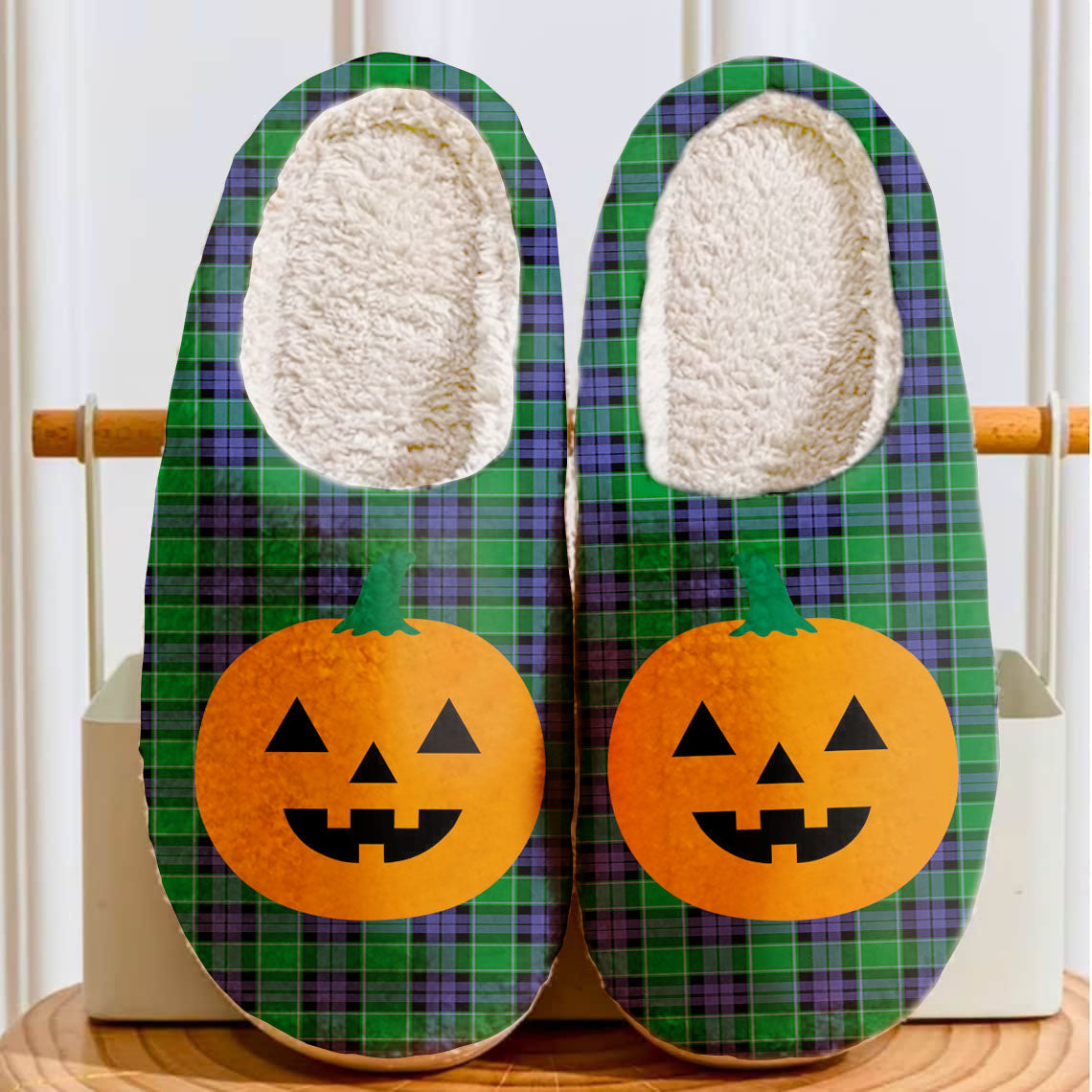 Clan Monteith Tartan Halloween Pumpkin Slippers, Fluffy Spooky Slippers DR11 Monteith Tartan Tartan Halloween   