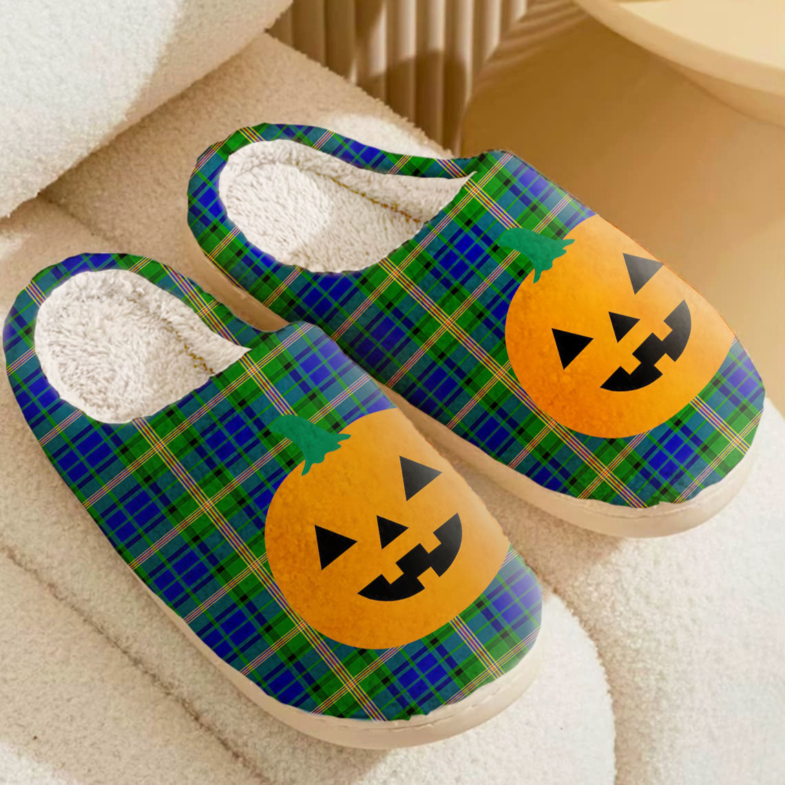 Clan Maitland Tartan Halloween Pumpkin Slippers, Fluffy Spooky Slippers RJ83 Maitland Tartan Tartan Halloween   