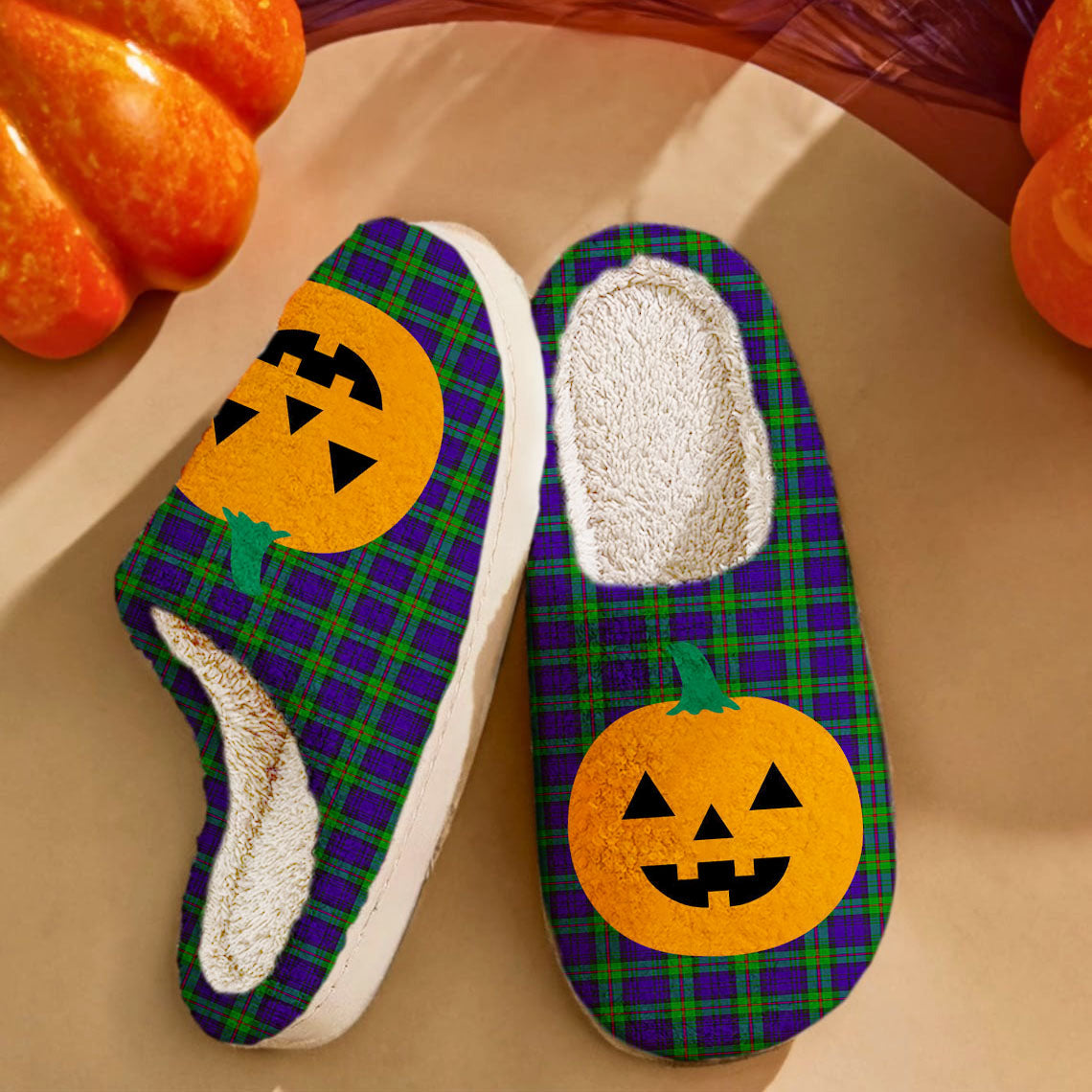 Clan MacKinlay Modern Tartan Halloween Pumpkin Slippers, Fluffy Spooky Slippers CW53 MacKinlay Modern Tartan Tartan Halloween   