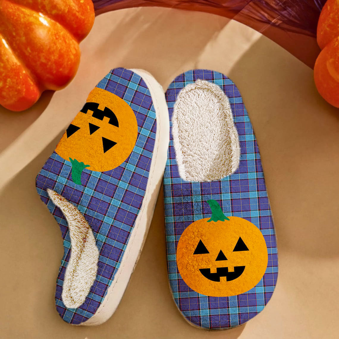 Clan Kirkcaldy Tartan Halloween Pumpkin Slippers, Fluffy Spooky Slippers BF12 Kirkcaldy Tartan Tartan Halloween   