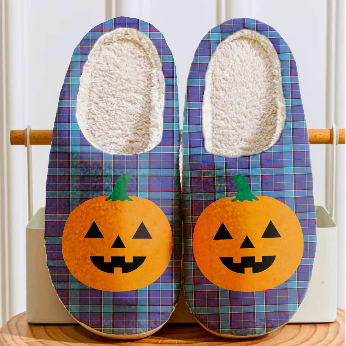 Clan Kirkcaldy Tartan Halloween Pumpkin Slippers, Fluffy Spooky Slippers BF12 Kirkcaldy Tartan Tartan Halloween   