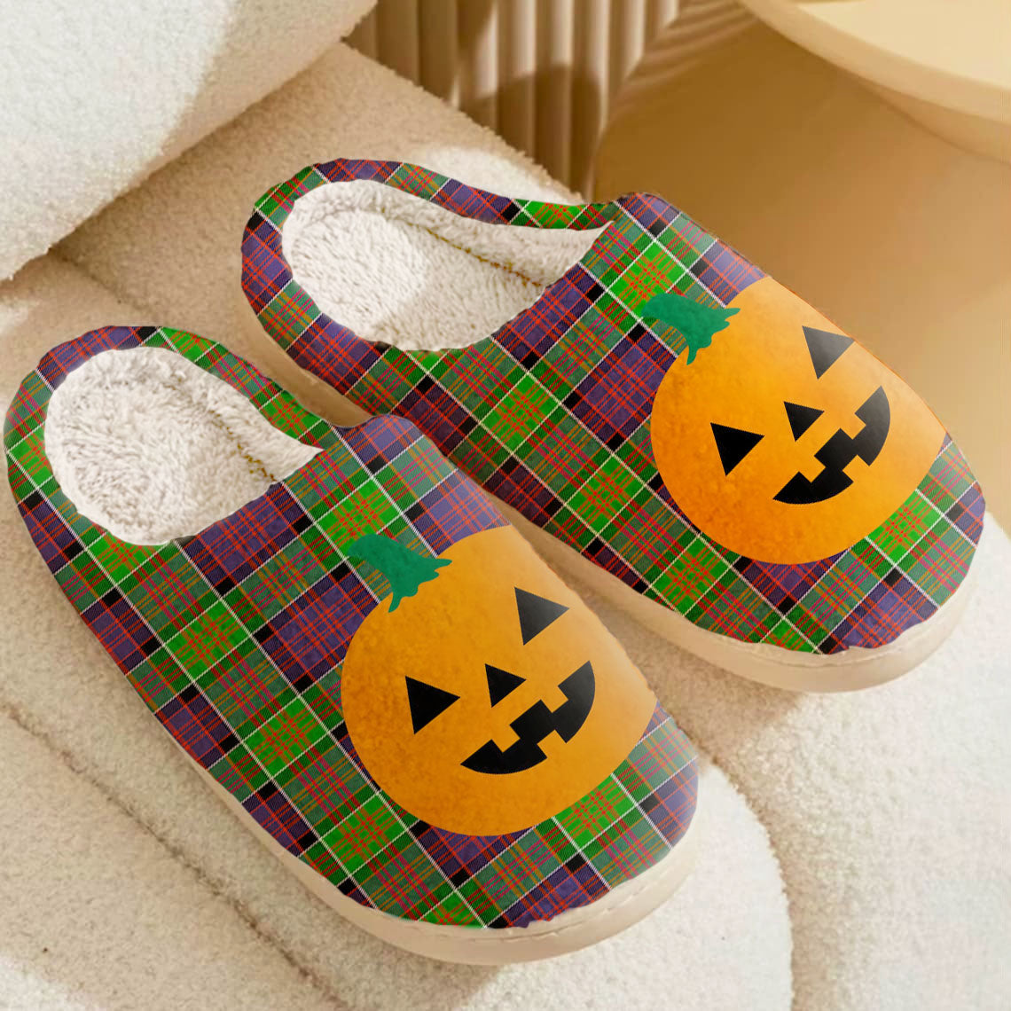 Clan MacDonald of Clanranald Tartan Halloween Pumpkin Slippers, Fluffy Spooky Slippers TM74 MacDonald of Clanranald Tartan Tartan Halloween   