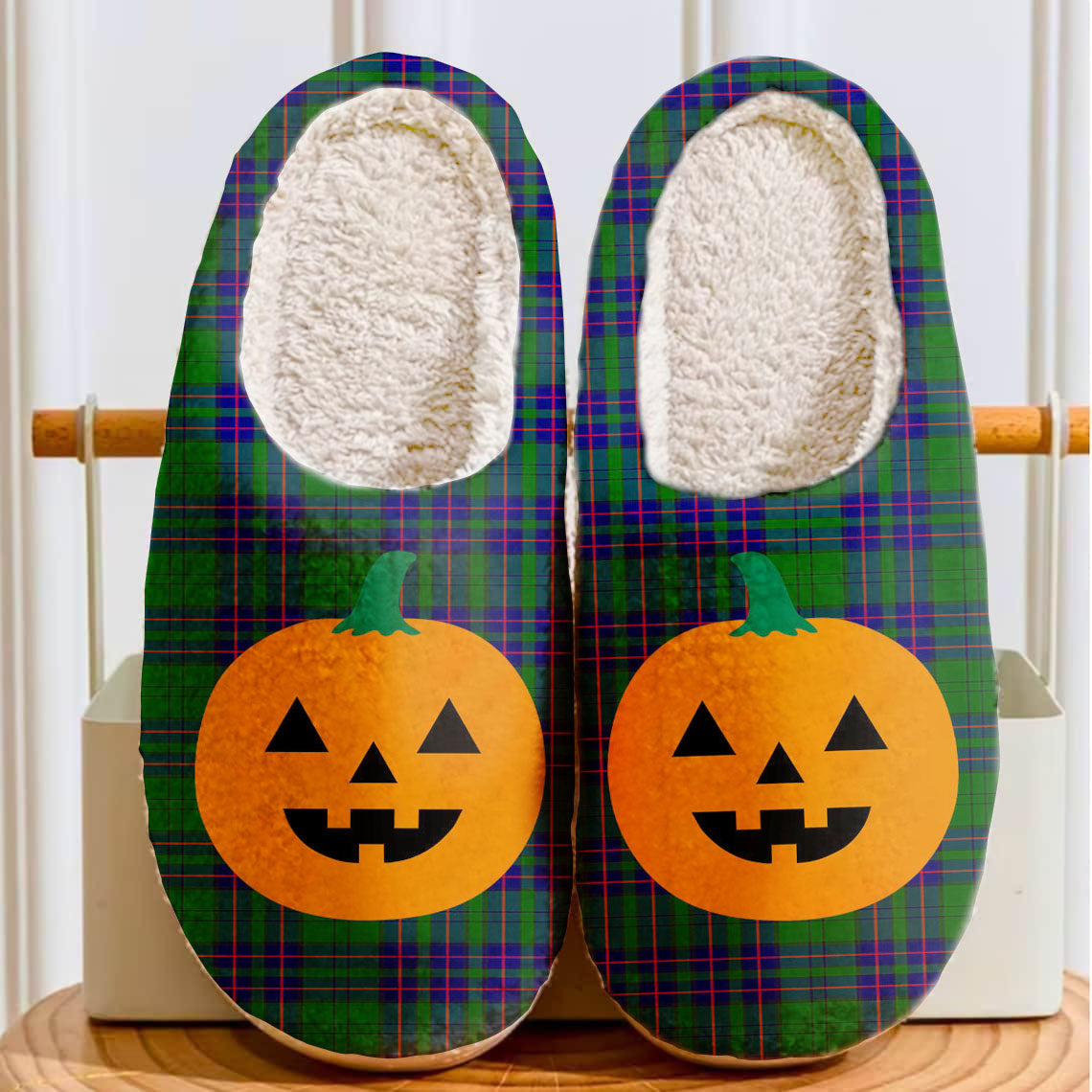 Clan Lockhart Modern Tartan Halloween Pumpkin Slippers, Fluffy Spooky Slippers WD37 Lockhart Modern Tartan Tartan Halloween   