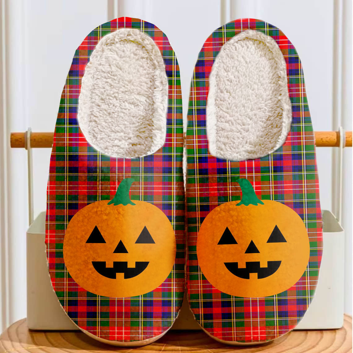 Clan Christie Tartan Halloween Pumpkin Slippers, Fluffy Spooky Slippers ZH80 Christie Tartan Tartan Halloween   