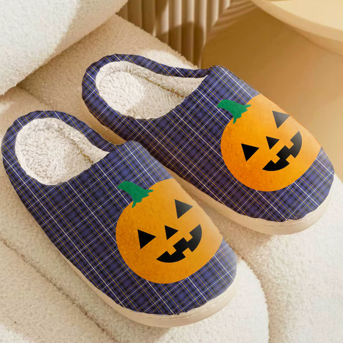 Clan Fleming Tartan Halloween Pumpkin Slippers, Fluffy Spooky Slippers VZ27 Fleming Tartan Tartan Halloween   