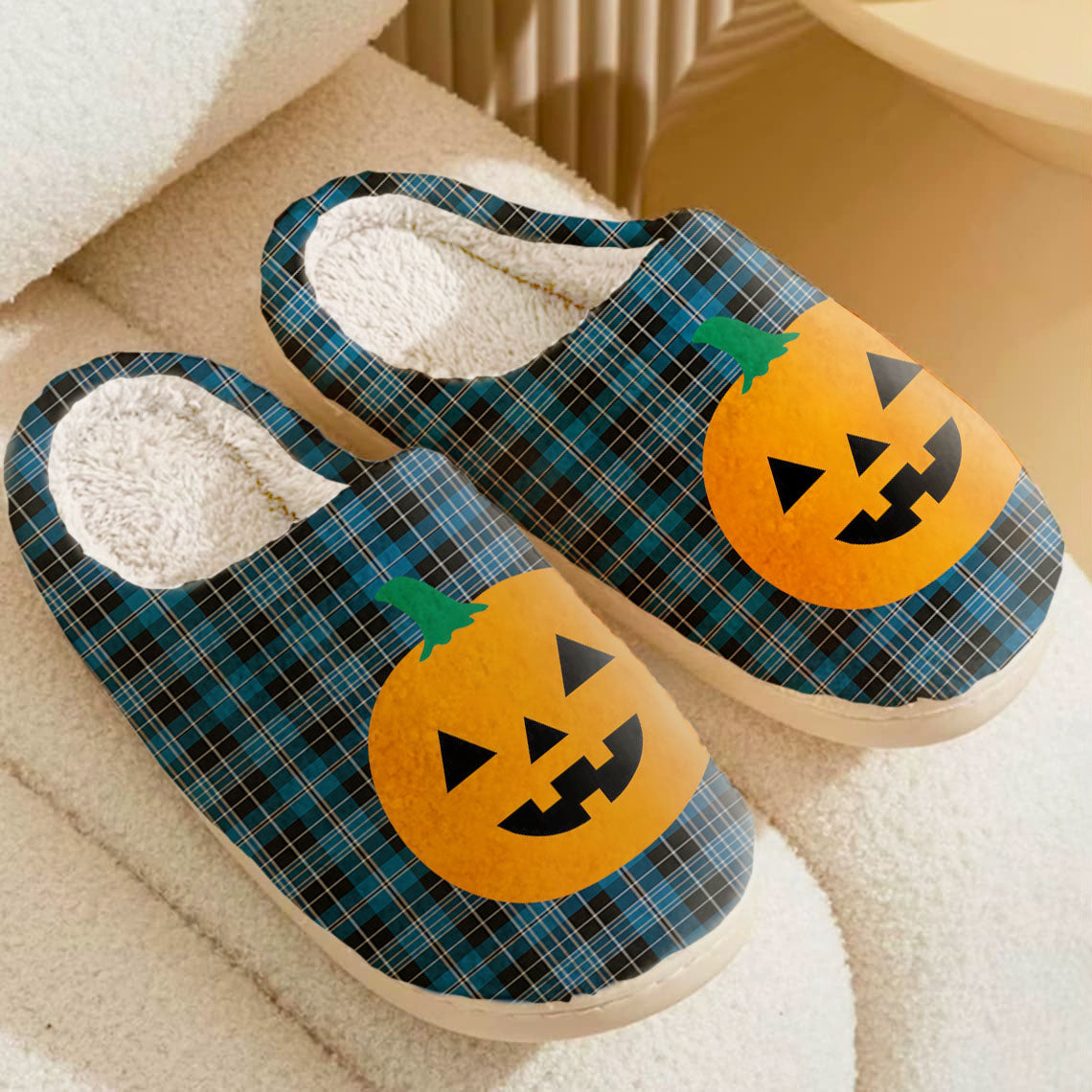 Clan Clergy Blue Tartan Halloween Pumpkin Slippers, Fluffy Spooky Slippers HD97 Clergy Blue Tartan Tartan Halloween   