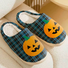 Clan Clergy Blue Tartan Halloween Pumpkin Slippers, Fluffy Spooky Slippers HD97 Clergy Blue Tartan Tartan Halloween   