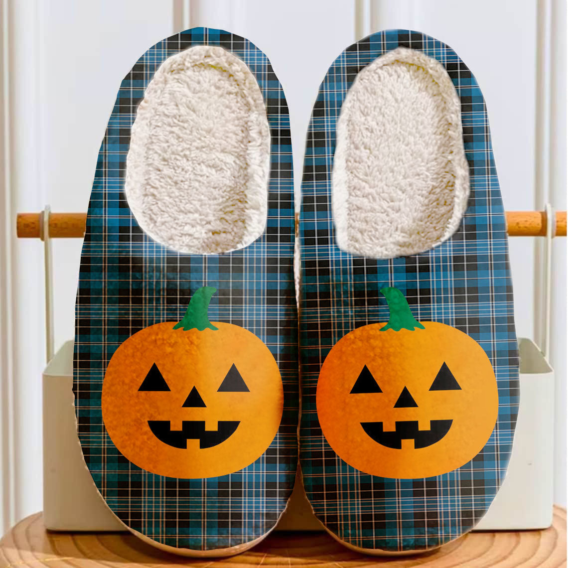 Clan Clergy Blue Tartan Halloween Pumpkin Slippers, Fluffy Spooky Slippers HD97 Clergy Blue Tartan Tartan Halloween   