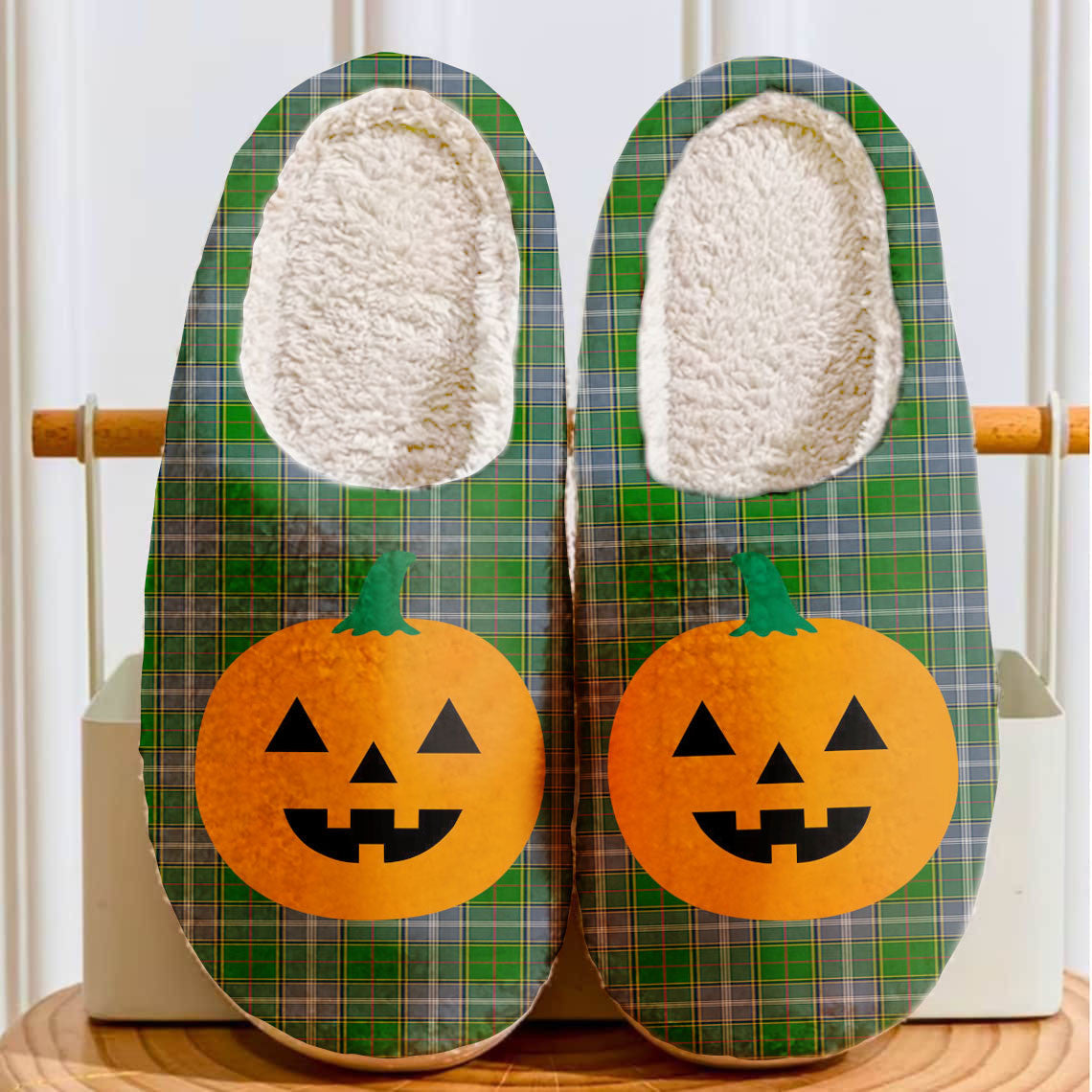 Clan Pringle Tartan Halloween Pumpkin Slippers, Fluffy Spooky Slippers DT63 Pringle Tartan Tartan Halloween   