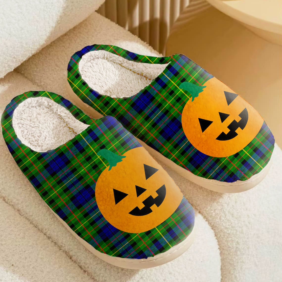 Clan Rollo Tartan Halloween Pumpkin Slippers, Fluffy Spooky Slippers SJ88 Rollo Tartan Tartan Halloween   