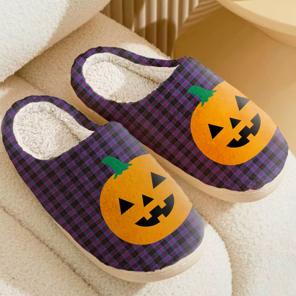 Clan Garden Tartan Halloween Pumpkin Slippers, Fluffy Spooky Slippers UD11 Garden Tartan Tartan Halloween   