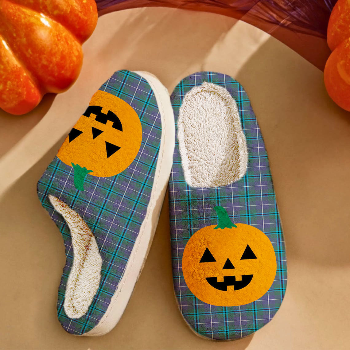 Clan Sandilands (Douglas) Tartan Halloween Pumpkin Slippers, Fluffy Spooky Slippers JG66 Sandilands (Douglas) Tartan Tartan Halloween   