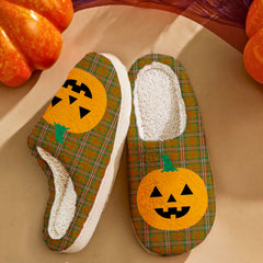 Clan Scott Brown Modern Tartan Halloween Pumpkin Slippers, Fluffy Spooky Slippers DF80 Clan Scott (Scott Tartan) Tartan Halloween   