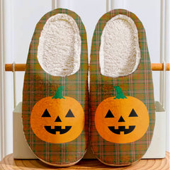 Clan Scott Brown Modern Tartan Halloween Pumpkin Slippers, Fluffy Spooky Slippers DF80 Clan Scott (Scott Tartan) Tartan Halloween   