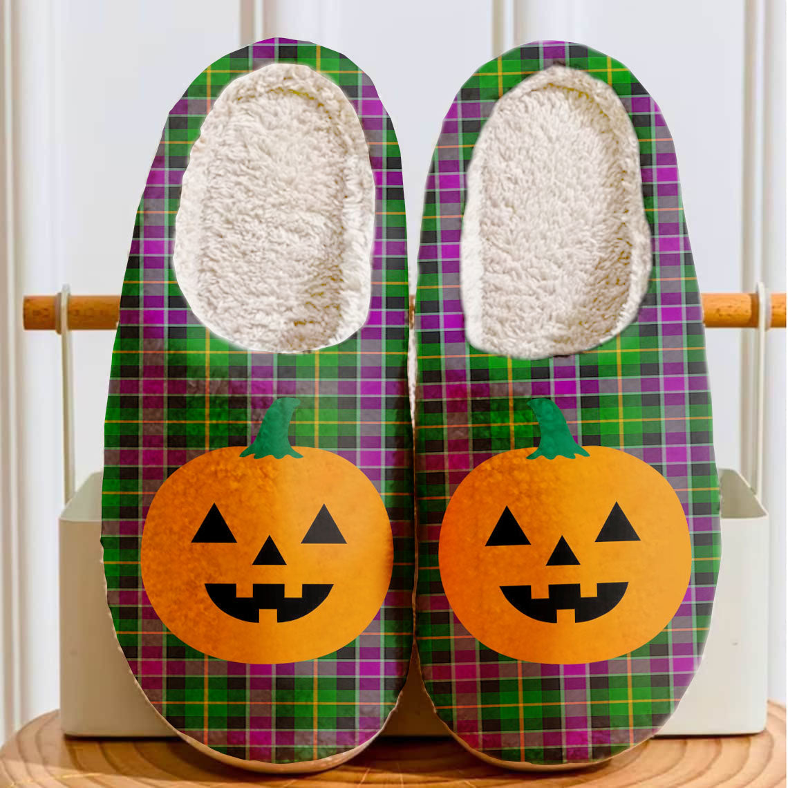 Clan Selkirk Tartan Halloween Pumpkin Slippers, Fluffy Spooky Slippers CO95 Selkirk Tartan Tartan Halloween   