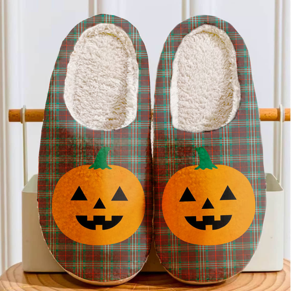 Clan Scott Brown Ancient Tartan Halloween Pumpkin Slippers, Fluffy Spooky Slippers WV78 Clan Scott (Scott Tartan) Tartan Halloween   