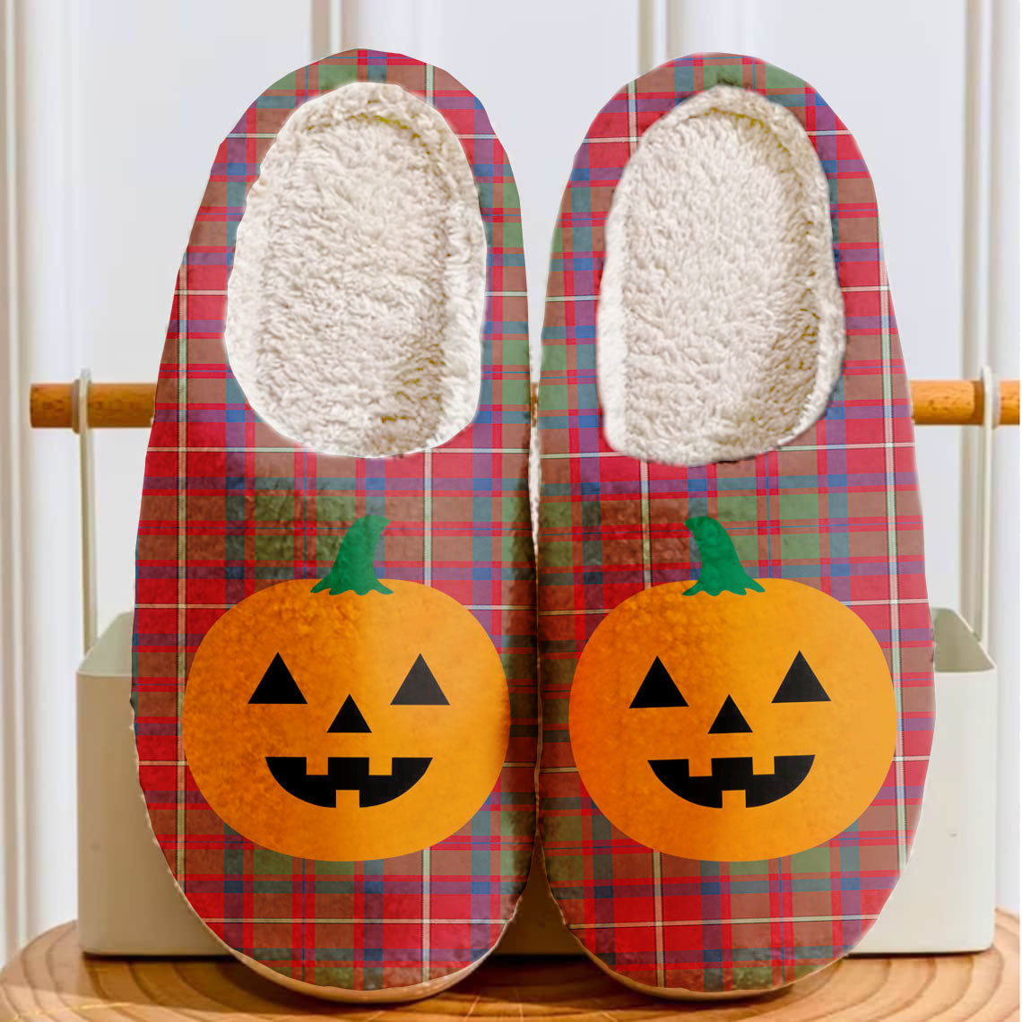 Clan Shaw Red Modern Tartan Halloween Pumpkin Slippers, Fluffy Spooky Slippers YX52 Shaw Red Modern Tartan Tartan Halloween   