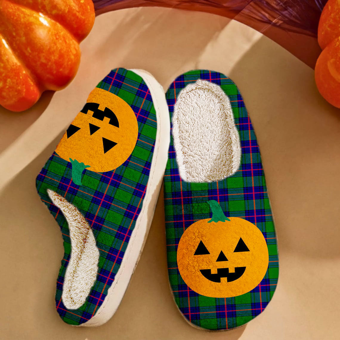 Clan Shaw Modern Tartan Halloween Pumpkin Slippers, Fluffy Spooky Slippers FD59 Shaw Modern Tartan Tartan Halloween   