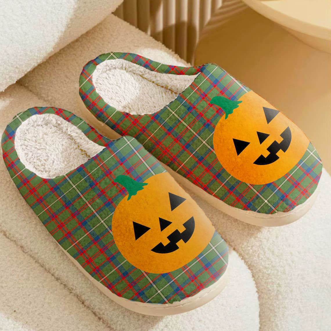 Clan Shaw Green Modern Tartan Halloween Pumpkin Slippers, Fluffy Spooky Slippers RX97 Shaw Green Modern Tartan Tartan Halloween   