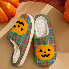 Clan Shaw Green Modern Tartan Halloween Pumpkin Slippers, Fluffy Spooky Slippers RX97 Shaw Green Modern Tartan Tartan Halloween   