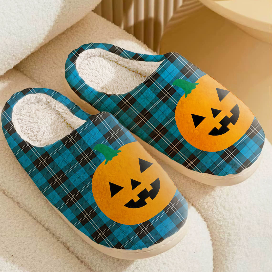 Clan Ramsay Blue Ancient Tartan Halloween Pumpkin Slippers, Fluffy Spooky Slippers YQ16 Ramsay Blue Ancient Tartan Tartan Halloween   